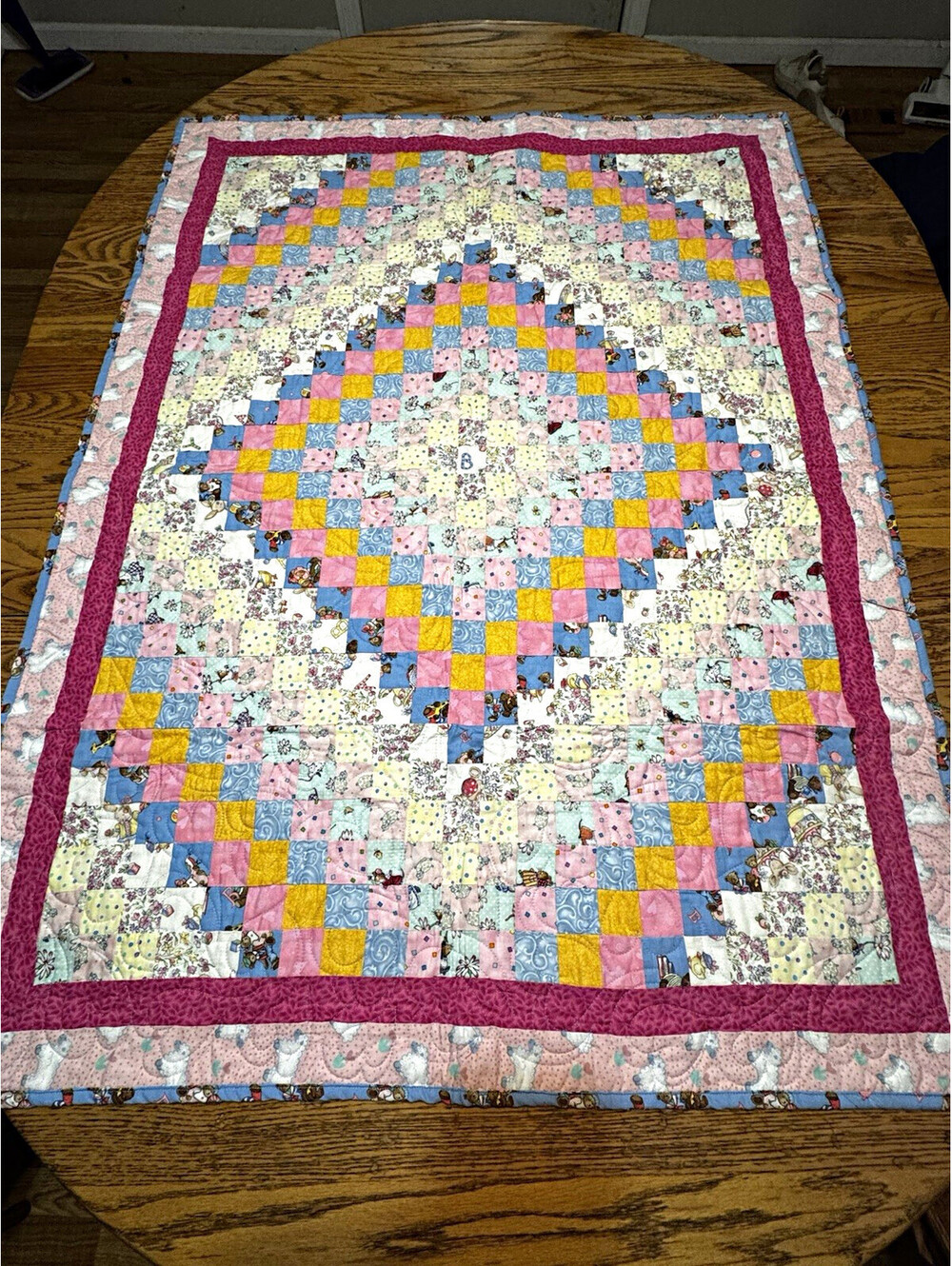 Vintage Handmade Crib Quilt Patchwork Cotton Abstract Pattern Multicolor